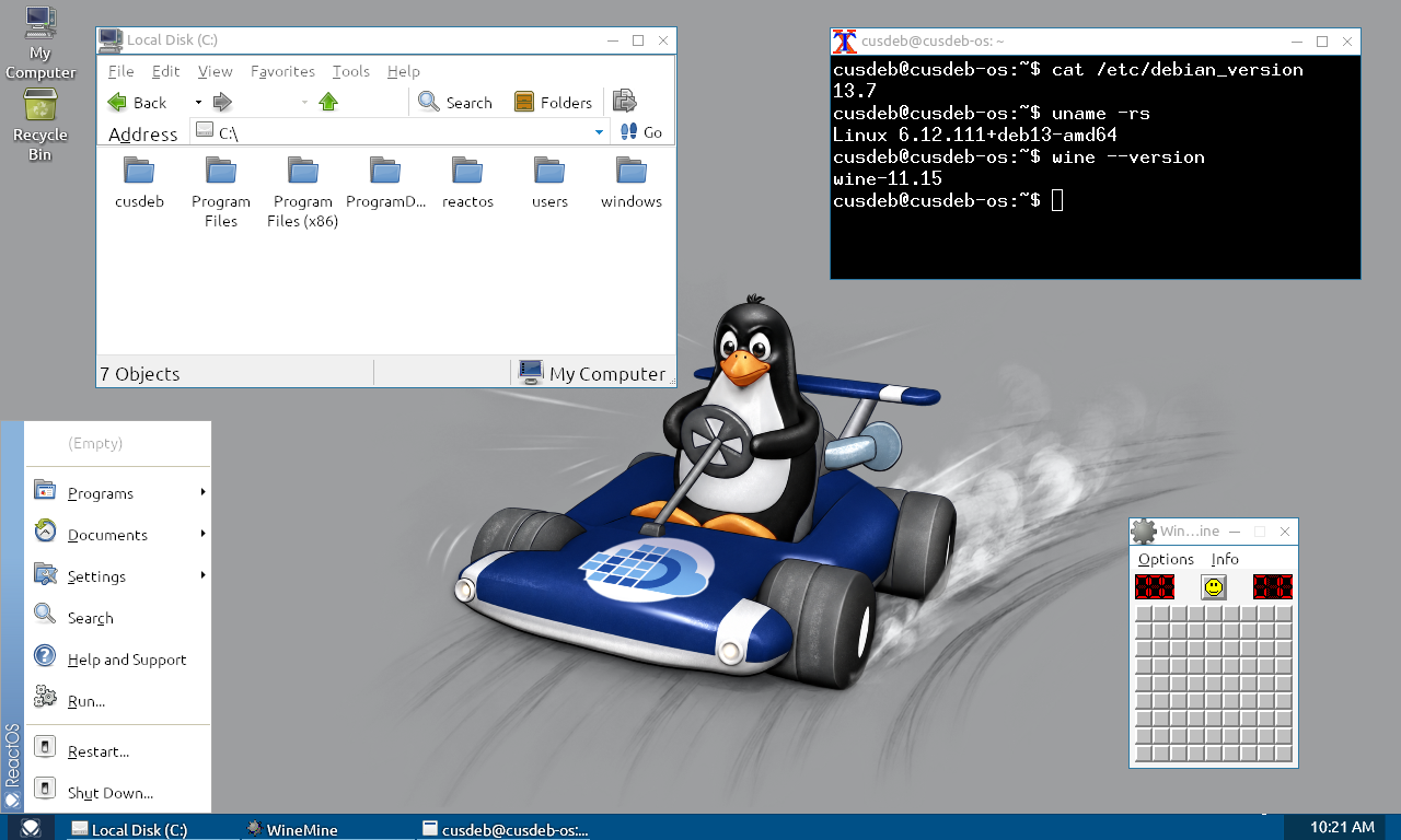 C:\Deb desktop with a file manager, a terminal showing Debian and Wine versions, and WineMine